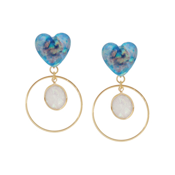하트 Milky_キラキラ sequins blue heart+round+opal_클립형 귀찌 드롭_Earrings 