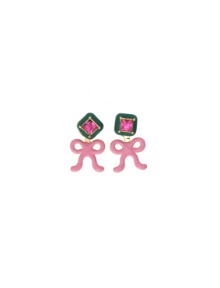 [딸기샤베트] Bubble 23_Square+Ribbon 로즈+그린 에나멜 파스텔 핑크 리본 클러치 스왈_Earrings